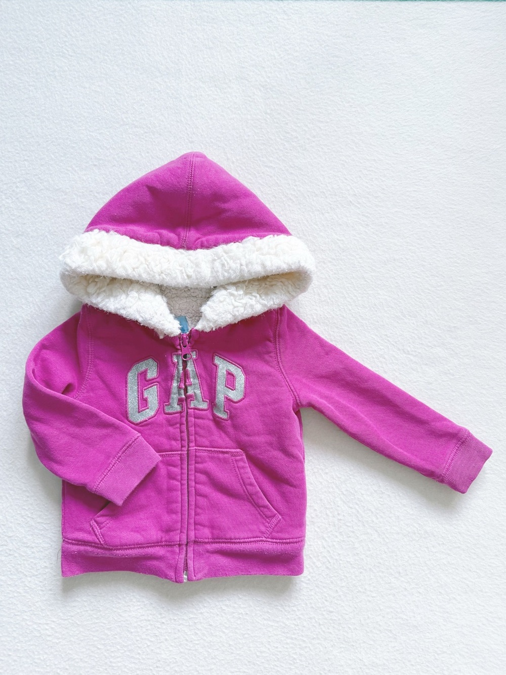 baby Gap Bright Pink Silver Glitter Logo Sherpa Fleece Lined Hoodie Jacket 18-24